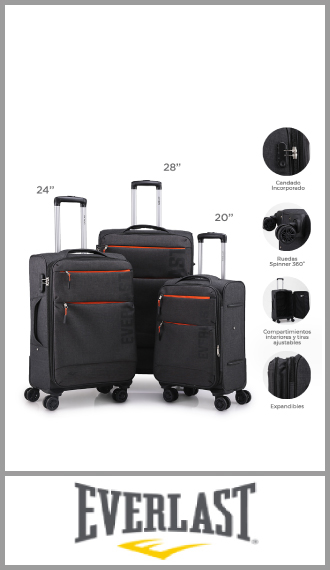 Set de 3 valijas Everlast semi rígidas rueda 360º  20, 24 y 28 pulgadas